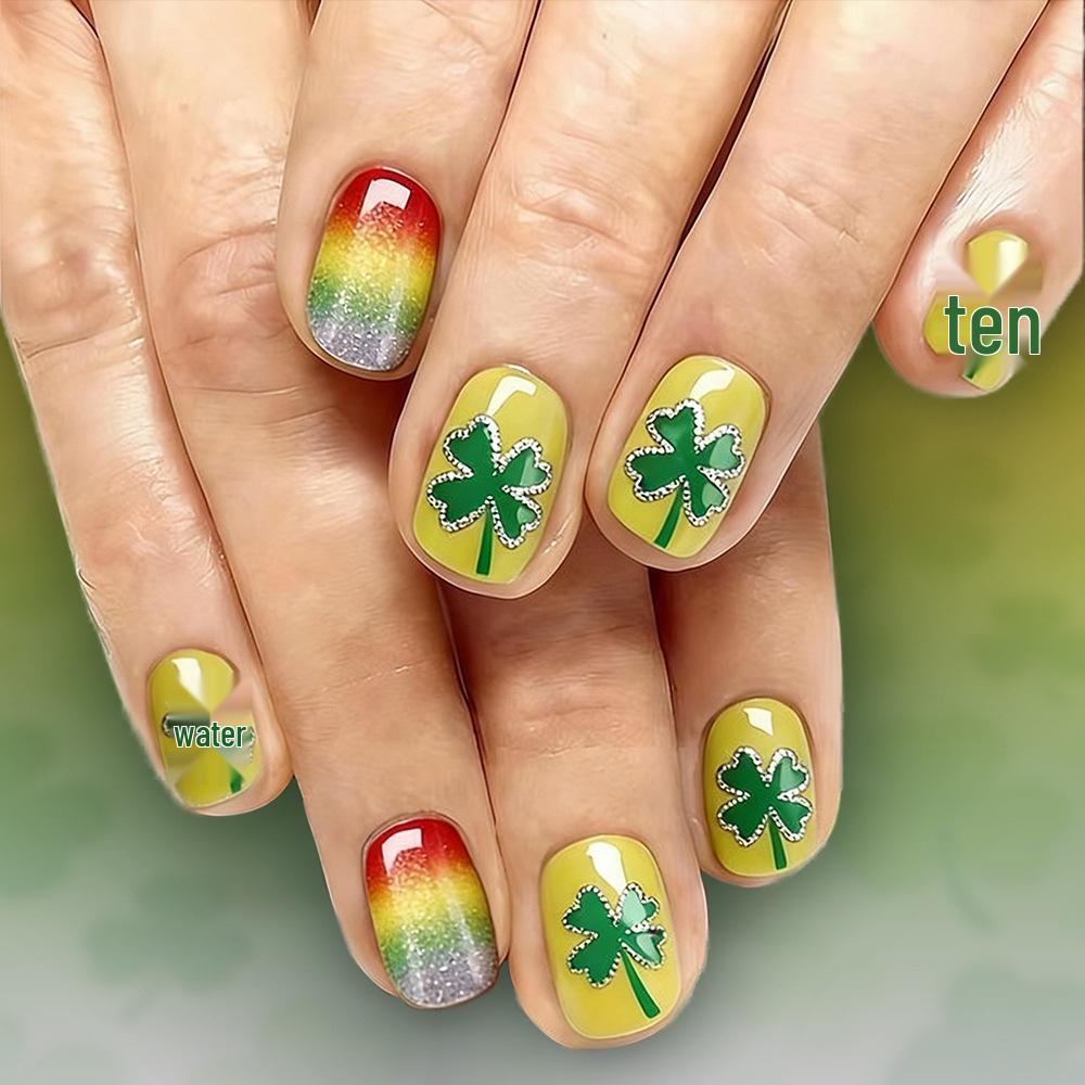St. Patrick s Day Rainbow Clover Pattern Wearable Nails - 24 Piece Set