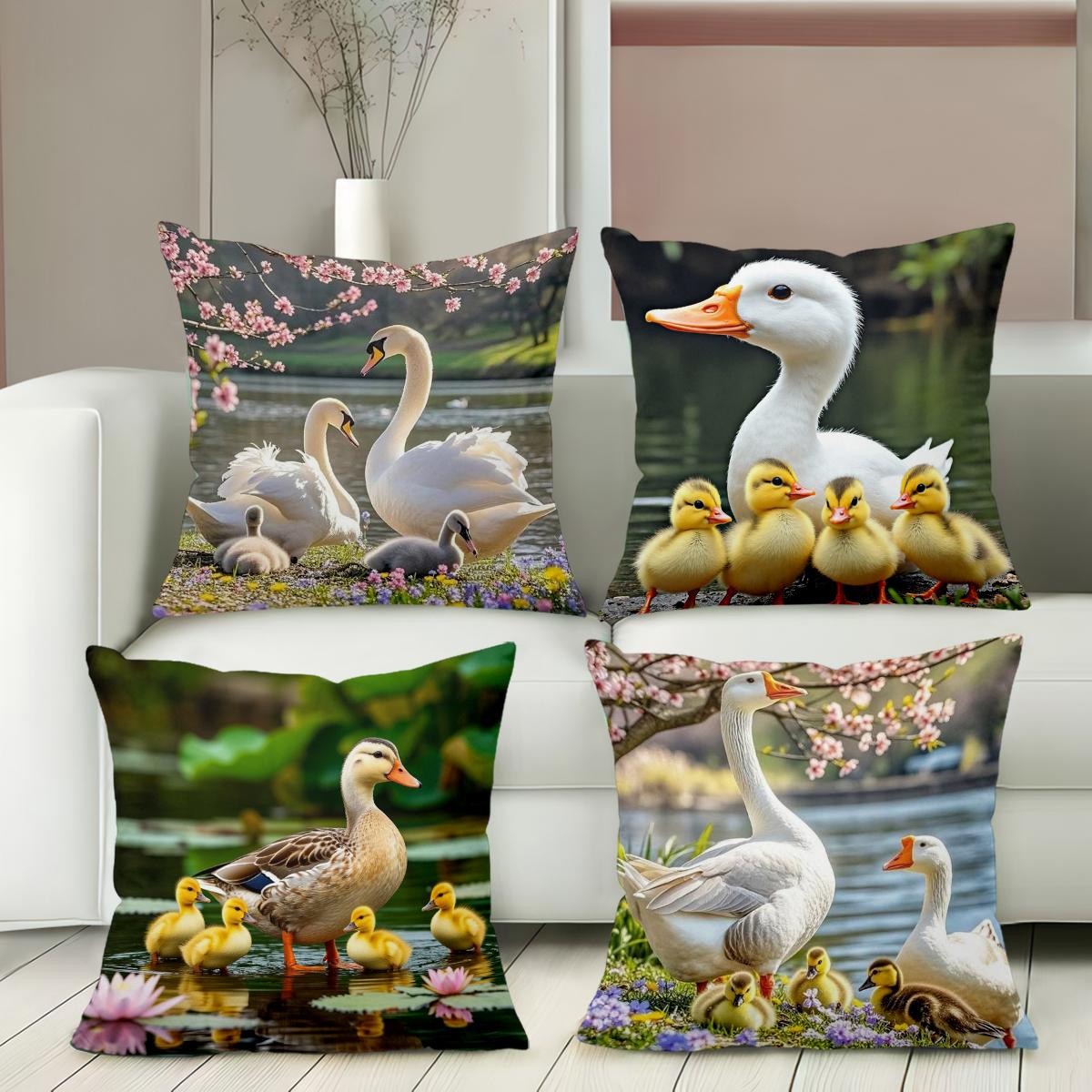 Panika Chen Unisex Ducks And Swans Family Pattern Decorative Throw Pillow Polyester Pillowcase, Sofa Decorative Cushion Cov Headboard Pillow