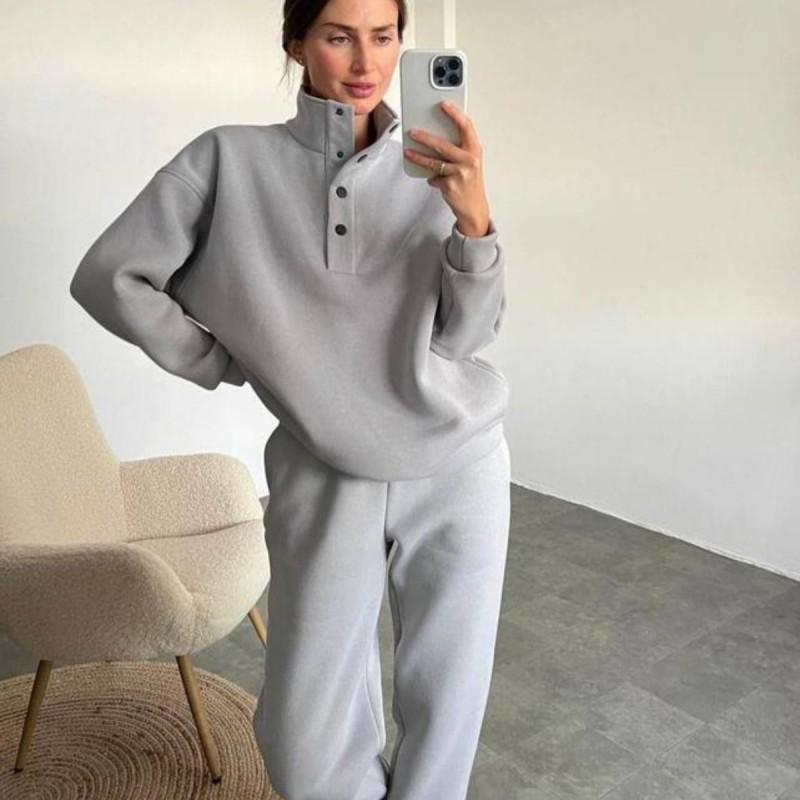 Womens Street Style Tracksuit Set Solid Color Button Stand Collar Sweatshirt Loose Pants