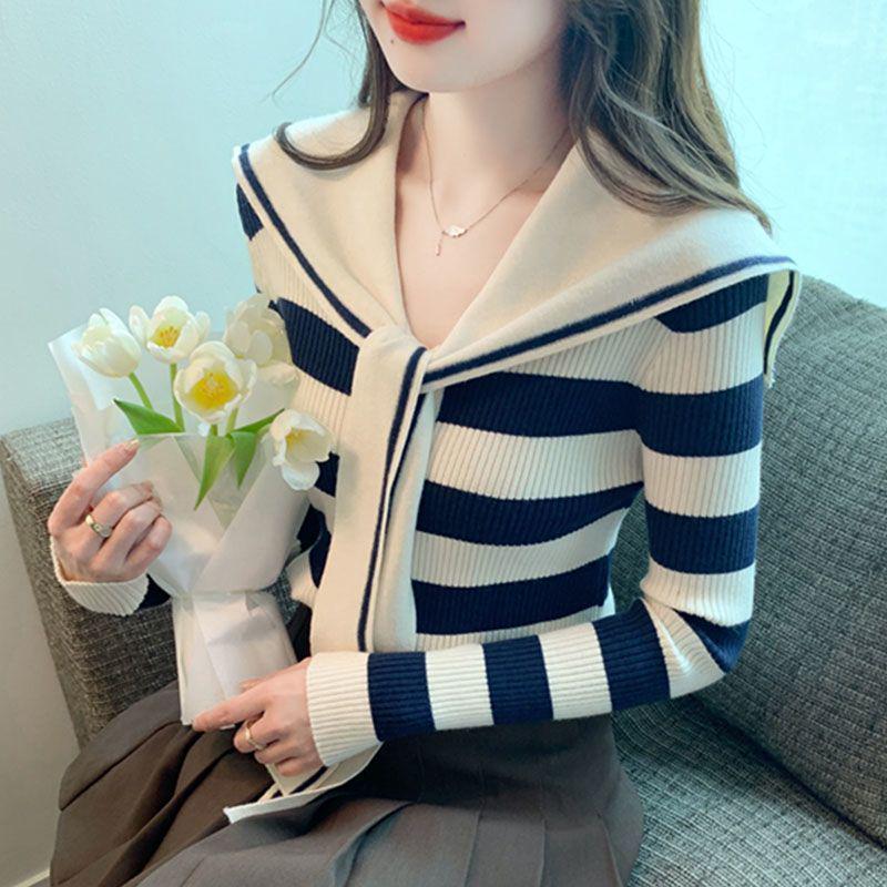 Navy Striped Collar Sweater Women’s Autumn/Winter 2025 College Style Slim Fit Knitwear