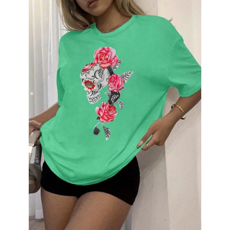 Plus Size Artistic Skull And Rose Print Casual Chic Tee
