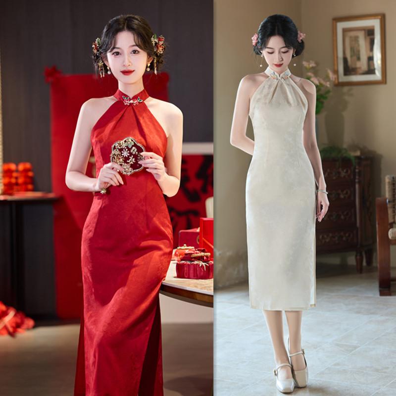 Modern fashion improved new Chinese-style young girl's neck-hanging off-the-shoulder wedding cheongsam summer new cheongsam
