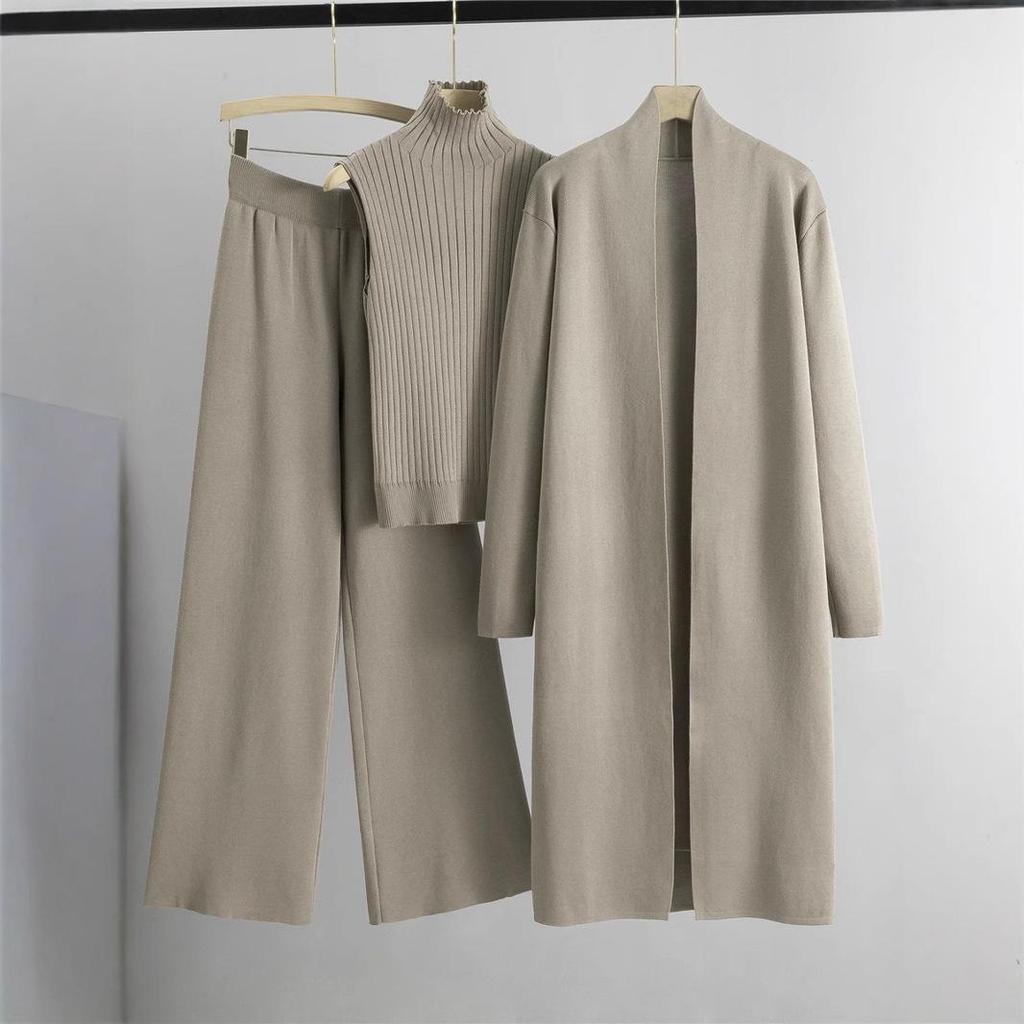 Spring & Autumn Knitted Suit: Sleeveless Vest, Cardigan, and Pants Set.