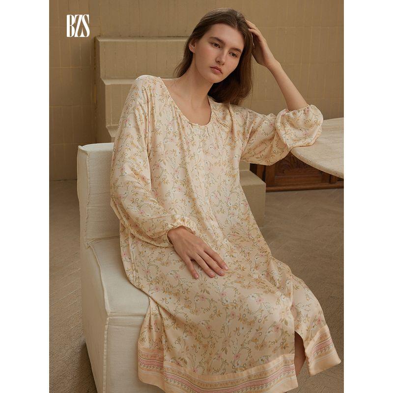 2024 Rayon Satin Long Sleeves Cardigan over the Knee Nightdress Robe Pastoral Print Korean Pajamas plus Size Homewear