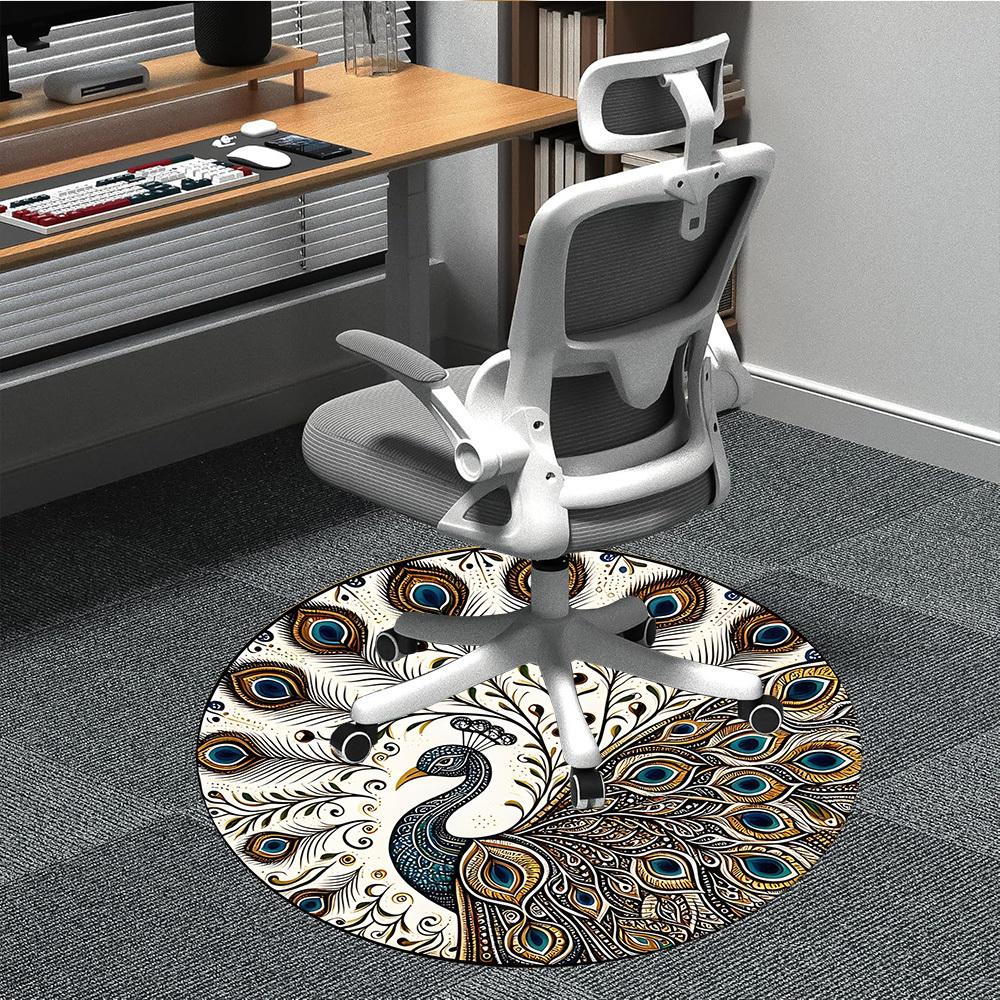 1pc Peacock Feather Pattern Carpet, Round Non Slip Durable Large Size Office Carpet, Suitable for Office