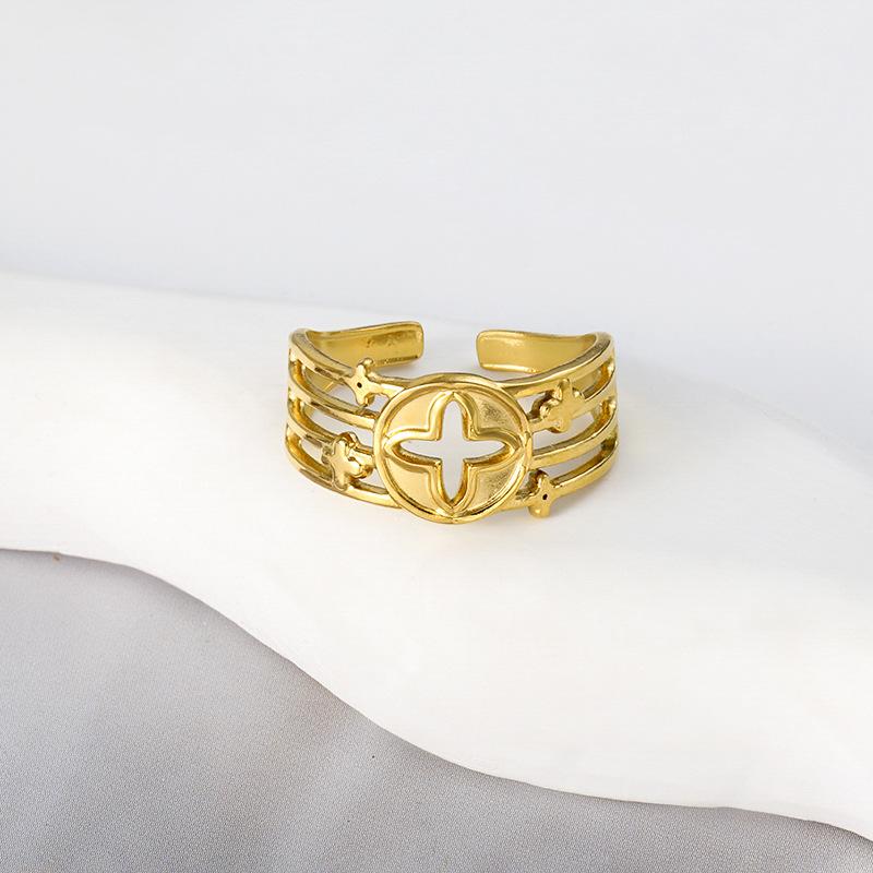 Inel exagerat din oțel titan, inel cu trifoi cu patru foi, deschidere feminină, reglabil, inel din oțel inoxidabil pentru cupluri