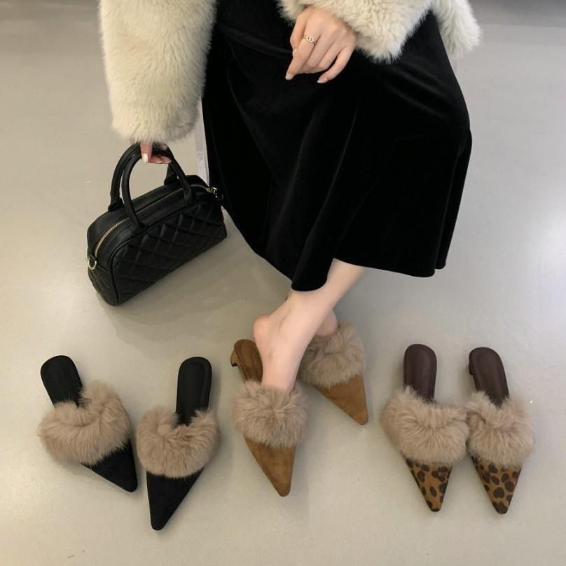 2025 Autumn and Winter New Pointed Head Thin Heel European and American Fashion Bag Head High Heel Fluffy Slippers High Sense Plush Shoes Women