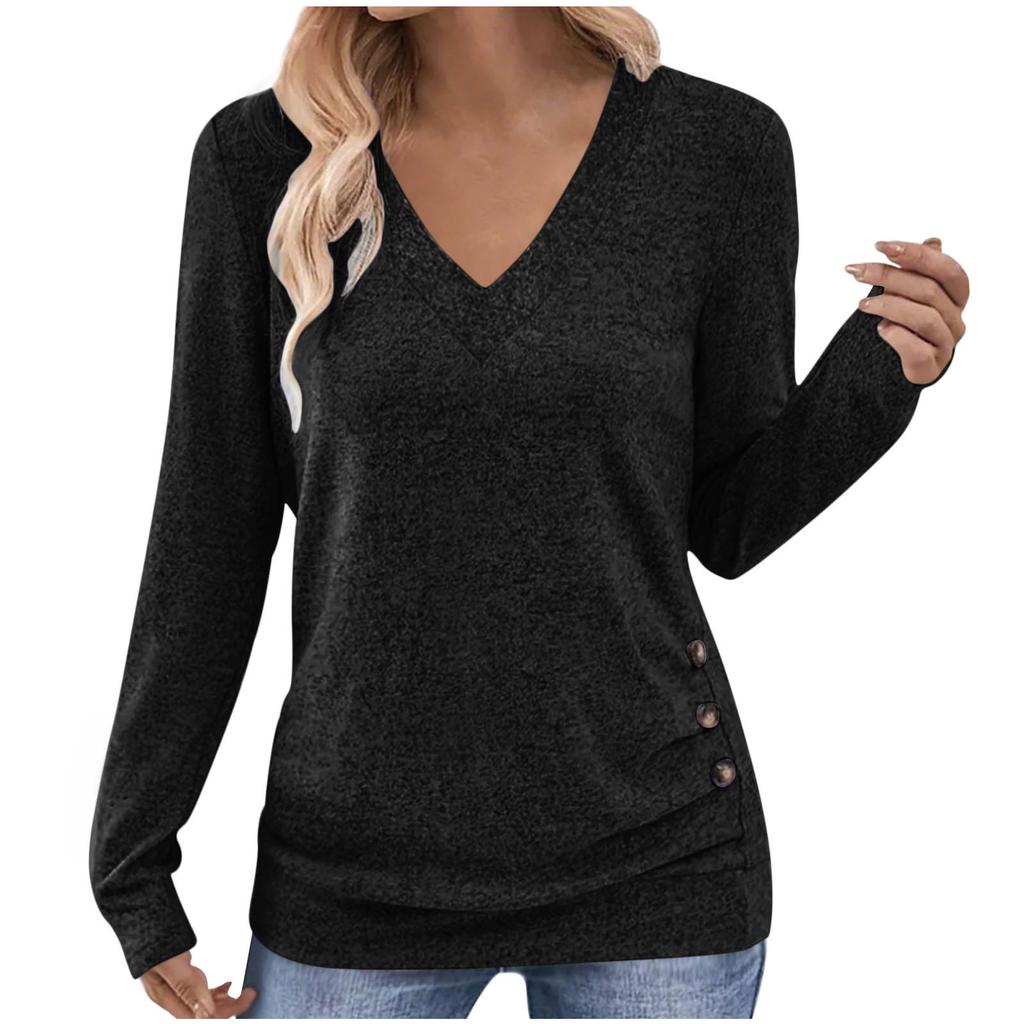 Womens Long Sleeve V Neck Solid Color T Shirt With Buttons Elegant Top