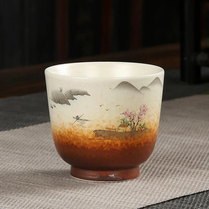 1pcs 100ml Coarse Pottery Teacup Single Cup Large Handmade  Ceramic Kung Fu Tea Set  Hand-painted Firewood Master Cup.