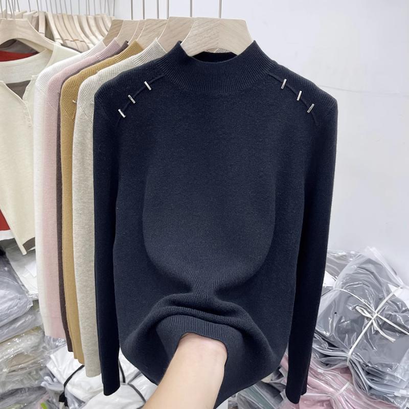 Autumn and Winter Half-high Collar Ribbed Knitted Shirt for Women with An Inner Layer Design Versatile Sweater Shirt