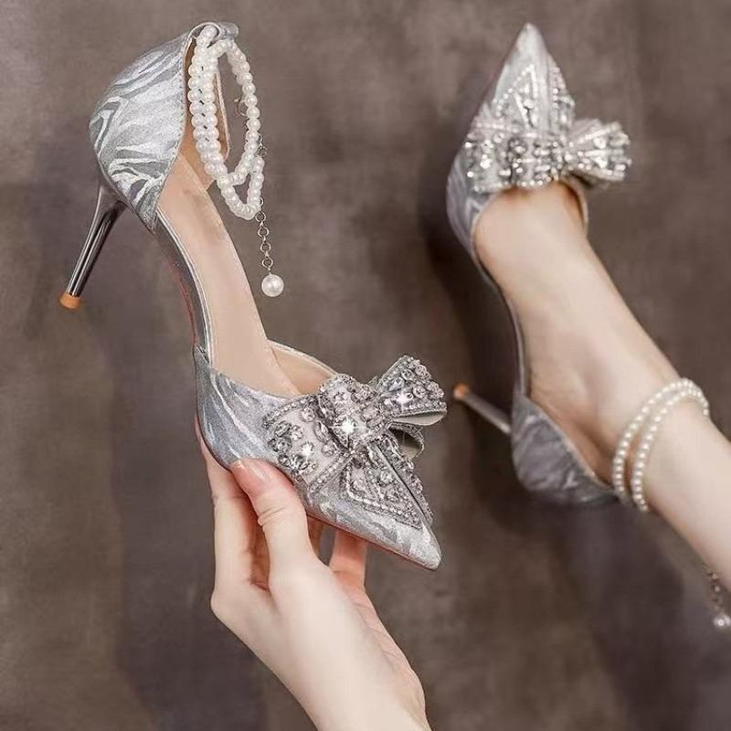 Bow Crystal Shoes Women's Pointed Toe Shallow Mouth Pearl One Strap Non-Tired Feet Beaded Non-Slip Single Shoes