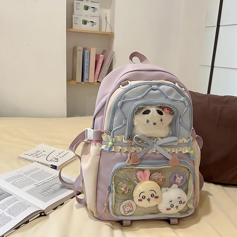 Women's Color Block College-Style Backpack with Ballet Ruffle Lace Design