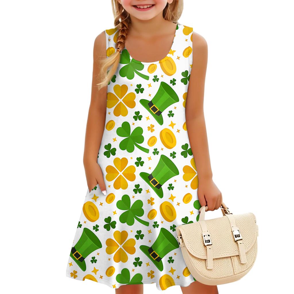 Children's Sleeveless U-neck A-line St. Parmesan Print Casual Vacation Dress