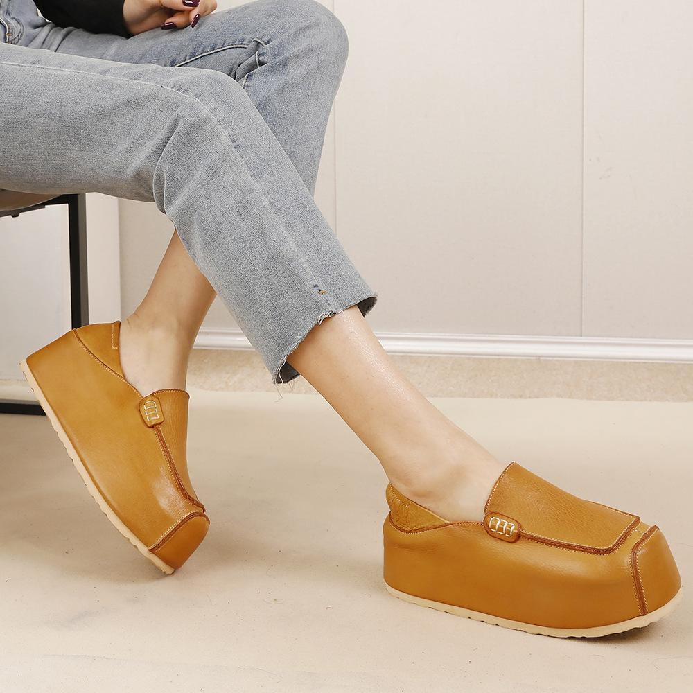 Johnature Genuine Leather Invisible Height Increasing Shoes Retro Handmade Flat Platform Shoes