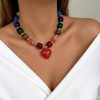 Acrylic Resin Love Heart Necklace Boho Colorful Pendant Necklace Beaded Choker  Party Occasion