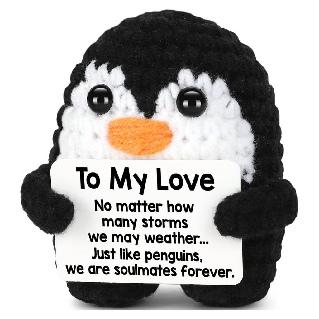 Penguin Positive Crochet Animals Doll With Card Desktop Ornament Emotional Support Handmade Knitted Cheer Up Toy