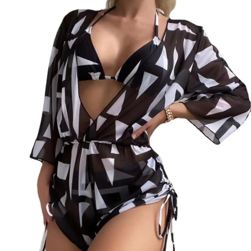 Women's Swimwear In a 3-Piece Leaf Plant Print Triangle Halter Neck Bikini Set with Cover Up Drawstring Side Overalls Jumpsuit