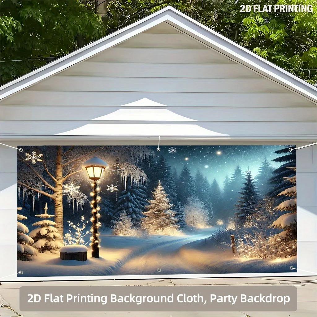 A backdrop a backdrop with illuminated streetlights in the snow for the garage scene 100% polyester banner