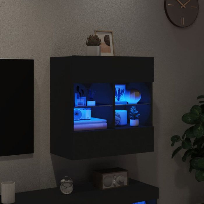 VidaXL Meuble TV avec Lumières LED, Armoire de Télévision Murale avec Étagères, Meuble Télé Suspendu Salon, Moderne, Noir 837093