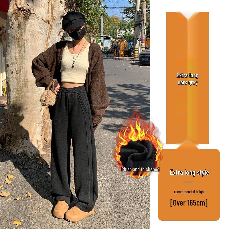 Off-white Wool High-Waisted Wide-Leg Pants for Women - Autumn/Winter, Plus Velvet, Slimming Fit.