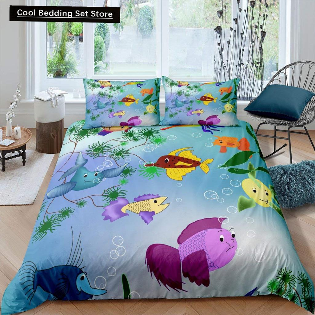 Kids Cartoon Ocean Animal King Queen Bedding Set Underwater World Duvet Cover Marine Life Quilt Cover Polyester Comforter Cover