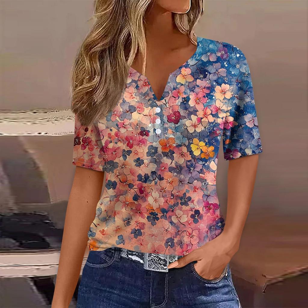 Women's T Shirt Tee Print Button Short Sleeve Daily Weekend Fashion Basic V- Neck Regular Top