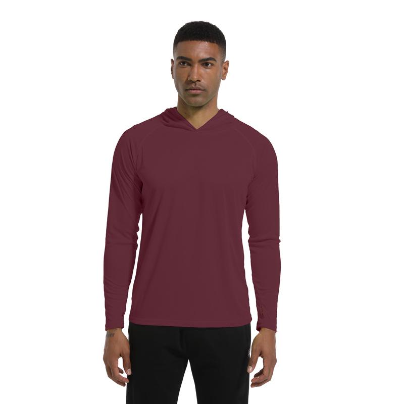 Men's UV Protection Hooded Slim Fit Sun Shirt, UPF50+, for Summer Outdoor Activities Like Beach, Hiking, Climbing, and Fishing.