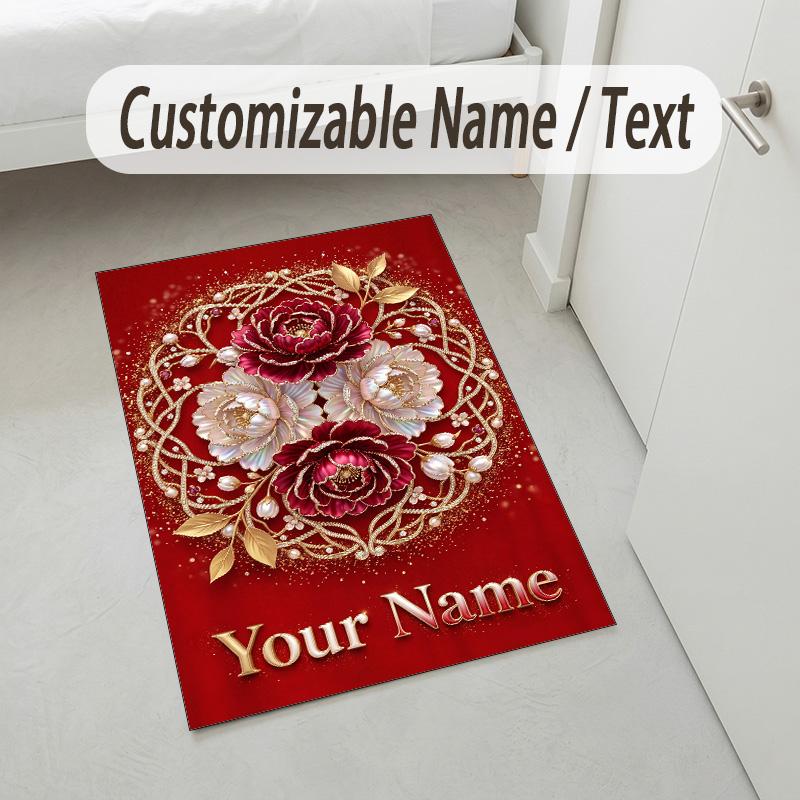 Floral Garden Theme Crystal Velvet Rug Personalized Custom Name Text Soft Floor Mat Home Decor