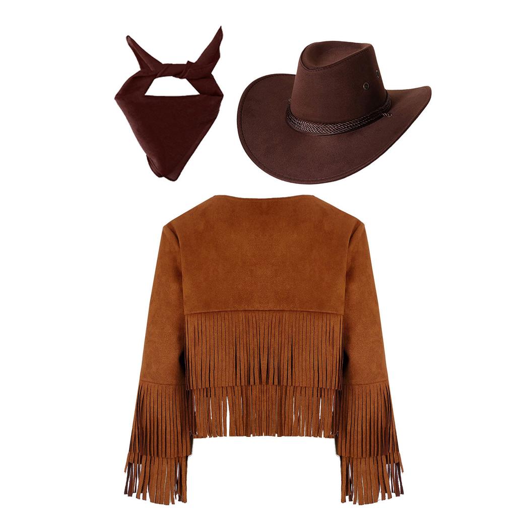 Unisex Kinder Cowboy Cowgirl Kostüm Set Fransenweste Langarm Zylinder Bandana Verkleidung