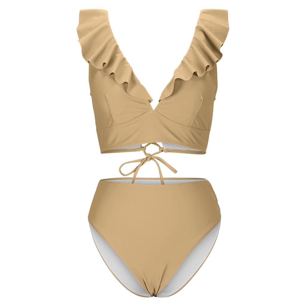 Women's Ruffled V-Neck Bikini Set High Waist Two-Piece Swimsuit with Shoulder Straps, , Sizes S-XL