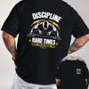 DISCIPLINE Hardcore Fitness Graphic Motorcycle Double Sided Print T-Shirt Men's Summer Short Sleeve Round Neck Casual Tops