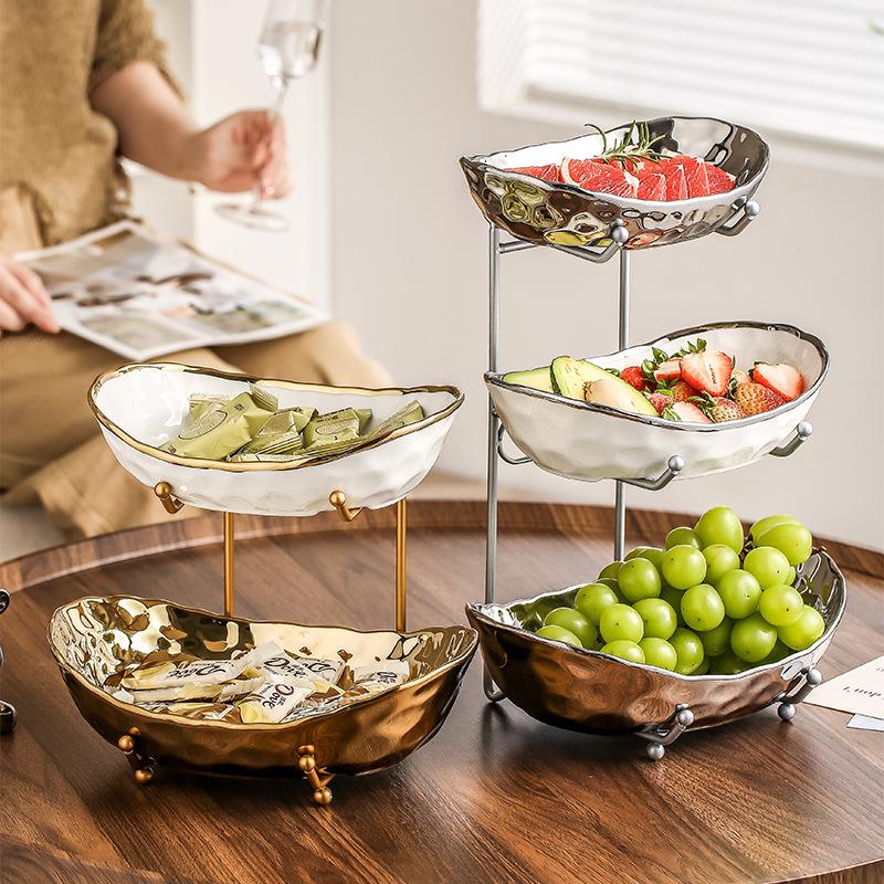 Elegant Multi-Layer Ceramic Fruit Bowl with Electroplating - High-Value Dried Fruit Storage Rack
