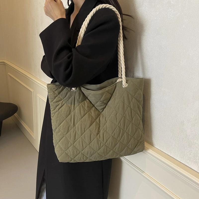 High capacity practical versatile unique youth shoulder bag new simplicity leisure diamond grid cotton clothes large bag