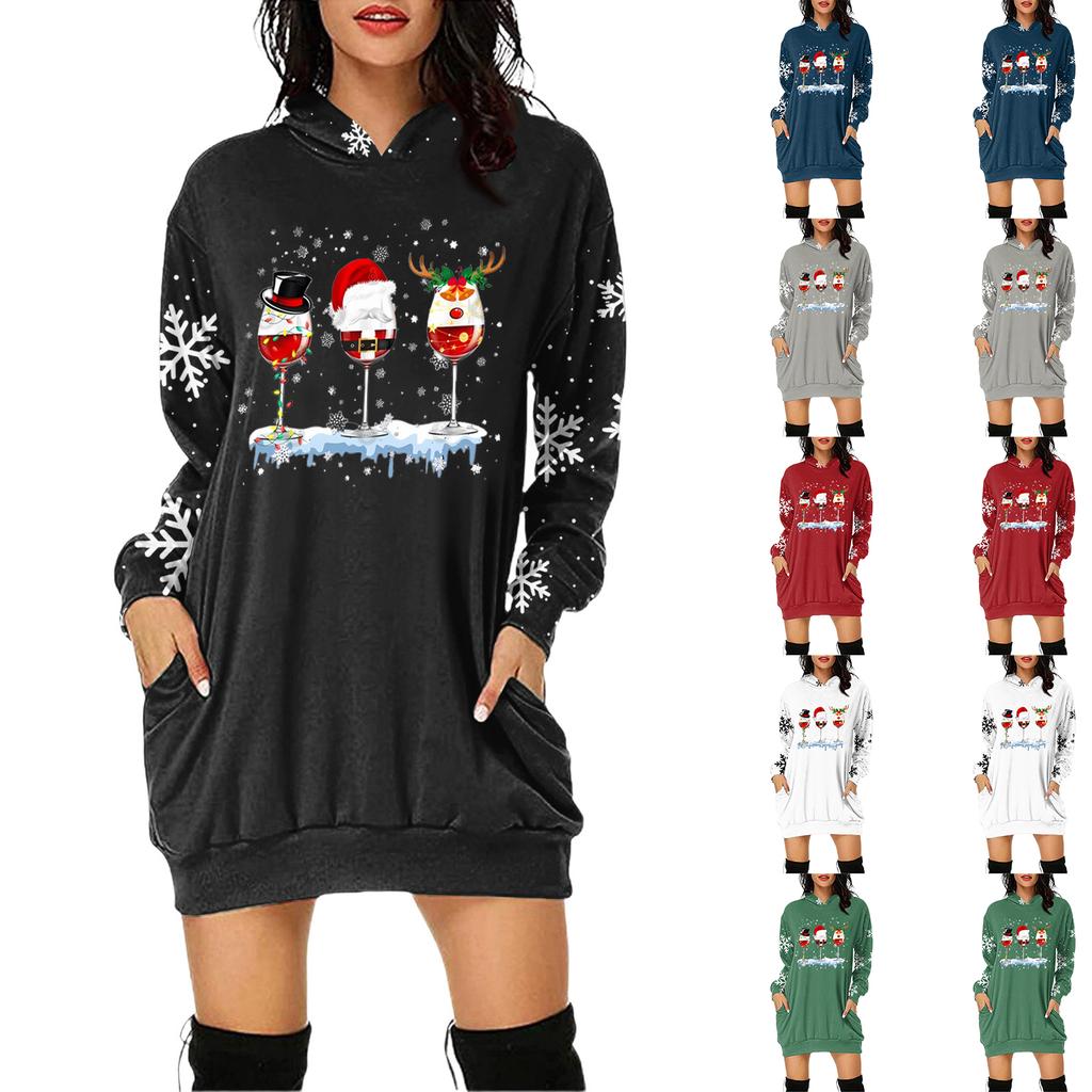 Damen Weihnachten Print Langarm Kapuzenpullover Kleid mit Tasche