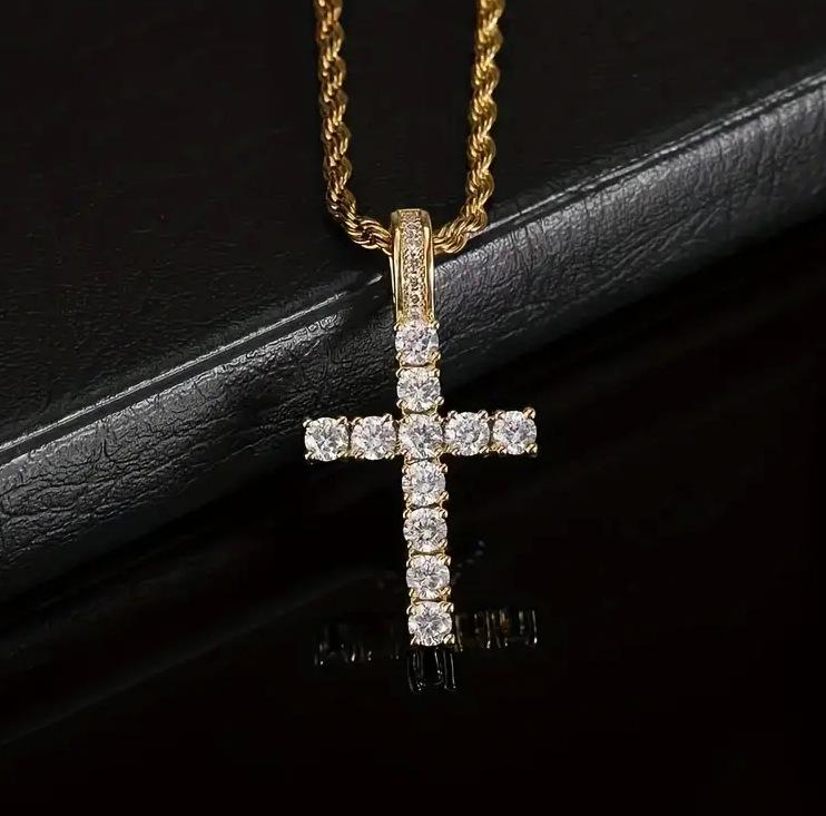 Men's Fashion Copper Zircon Cross Pendant Necklace - European & American Style