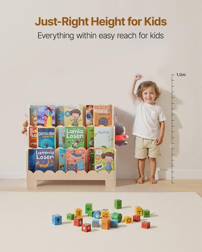 Montessori Bookshelf, 3-Tier Scalloped Kids Bookshelf, Front Facing Toddler Bookcase, Dual Hooks for Hanging Backpacks, Baby Bookshelf for Kids Room,