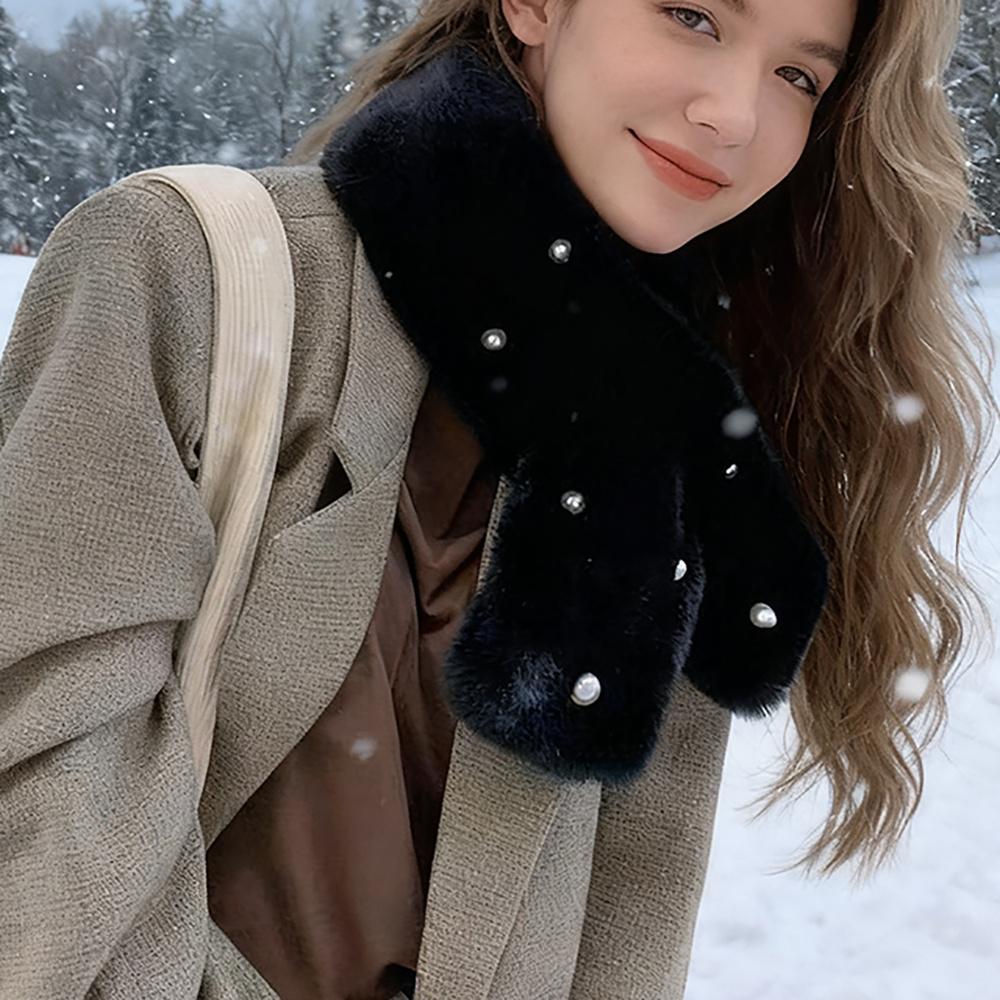 1Pc Scarf Women S Winter Pearl Plush Scarf Women S Pearl Buckle Cross Thickened Scarf Versatile
