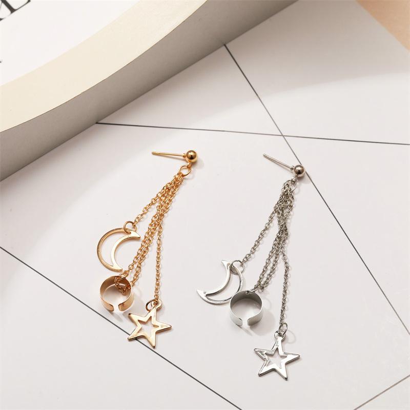 New Hiphop Clip Earrings for Women Star Moon Pendants Ear Cuff Punk Personality Gold Tassel Ear Clips aretes de mujer