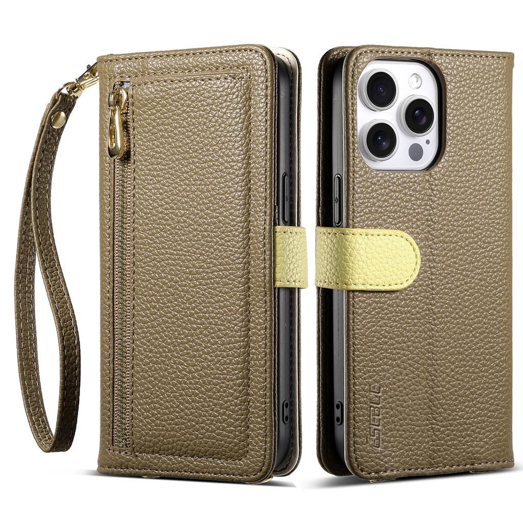 ESEBLE E11 For iPhone 16 Pro Case Zipper Pocket Litchi Texture Leather Phone Cover with Mirror and Wrist Strap