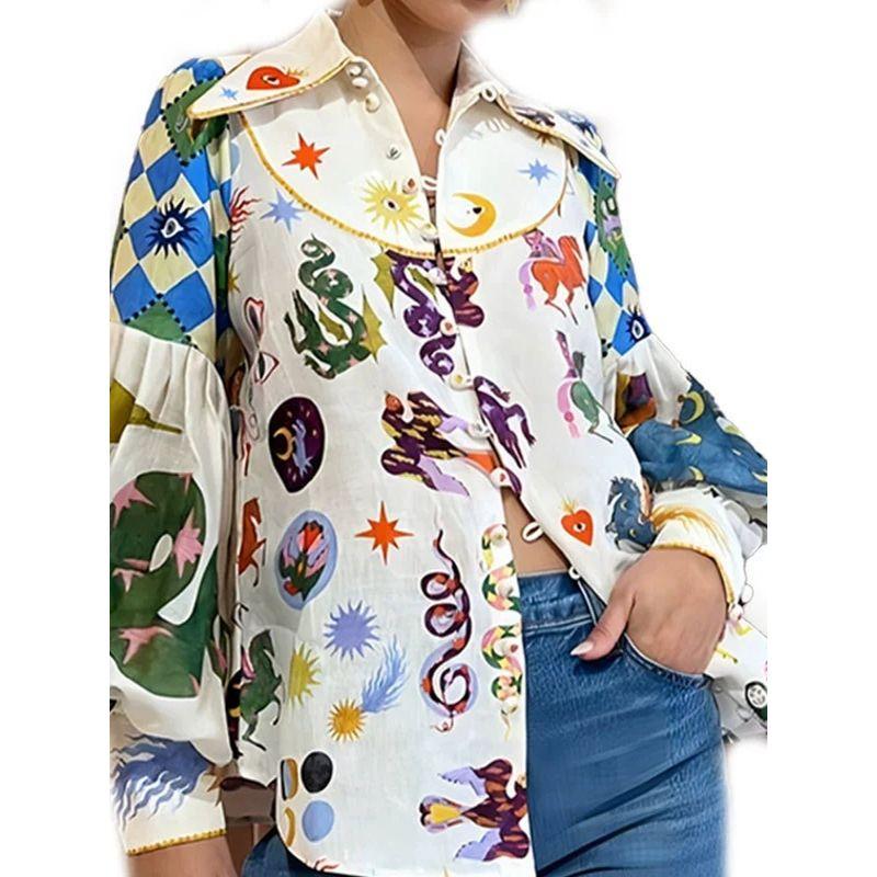 Printed Collar Lantern Long Sleeved Shirt Print Lapel Long Sleeve Shirt Female