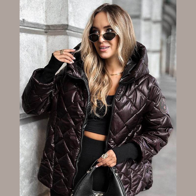 Autumn and Winter New Fashion Trend Diamond-shaped Pressure Grid Loose Hooded Cotton-padded Warm Jacket