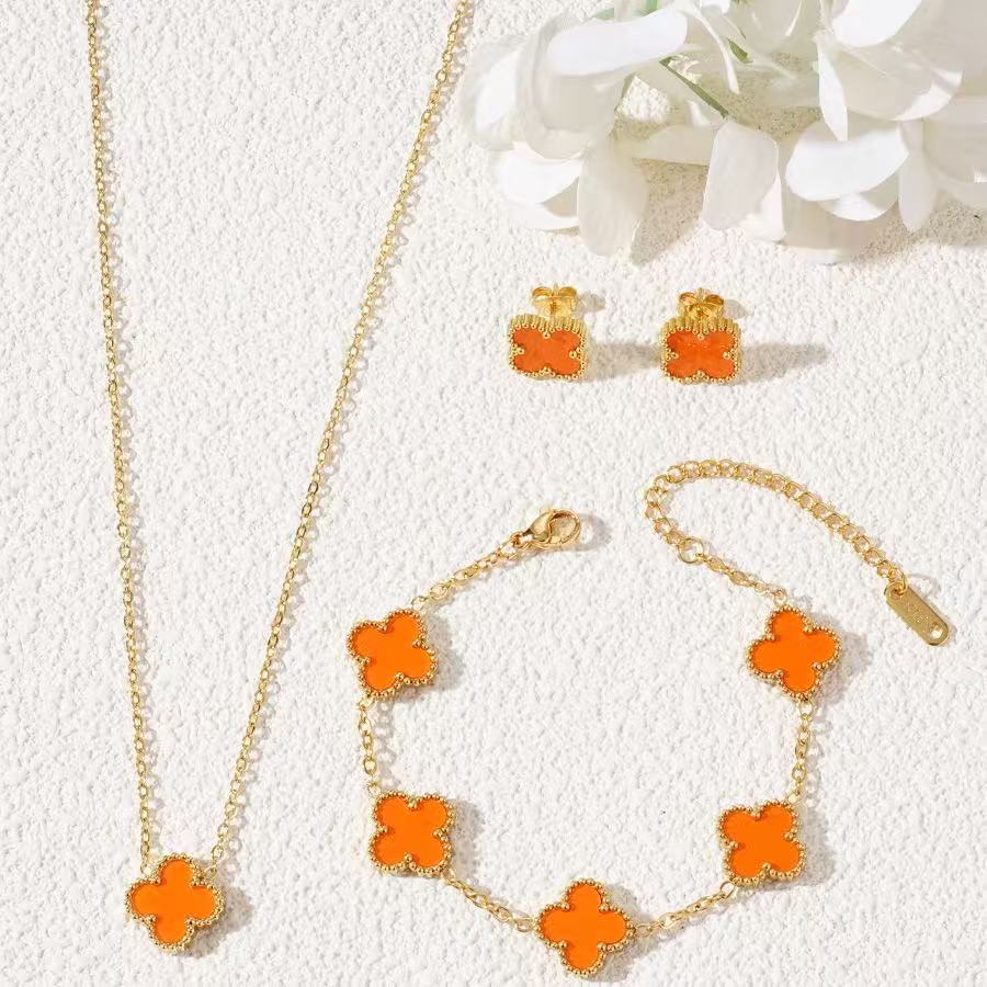3PCS Titanium Steel Clover Necklace Bracelet Earrings Three Piece Jewelry Set