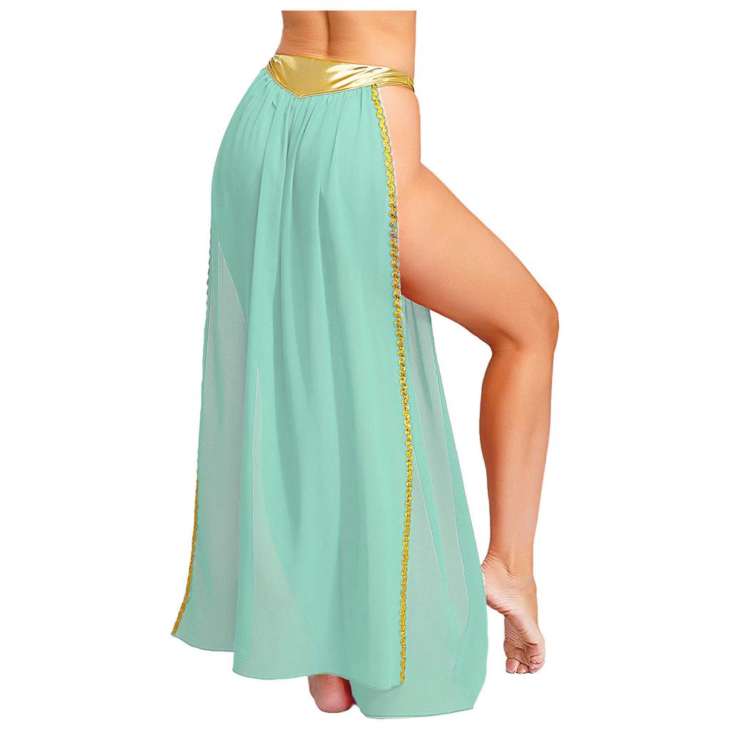 Costume da Regina Antica da Donna Slip Gonna in Chiffon Spacco Laterale Metallizzato Riflettente Rifiniture Dorate Outfit di Halloween