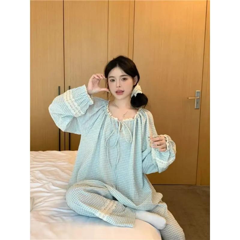 Women's Pajamas Autumn Spring Long Sleeve Soft Sleepwear Set Grid Cartoon Pyjama Woman Home Nightwear Set Cardigan