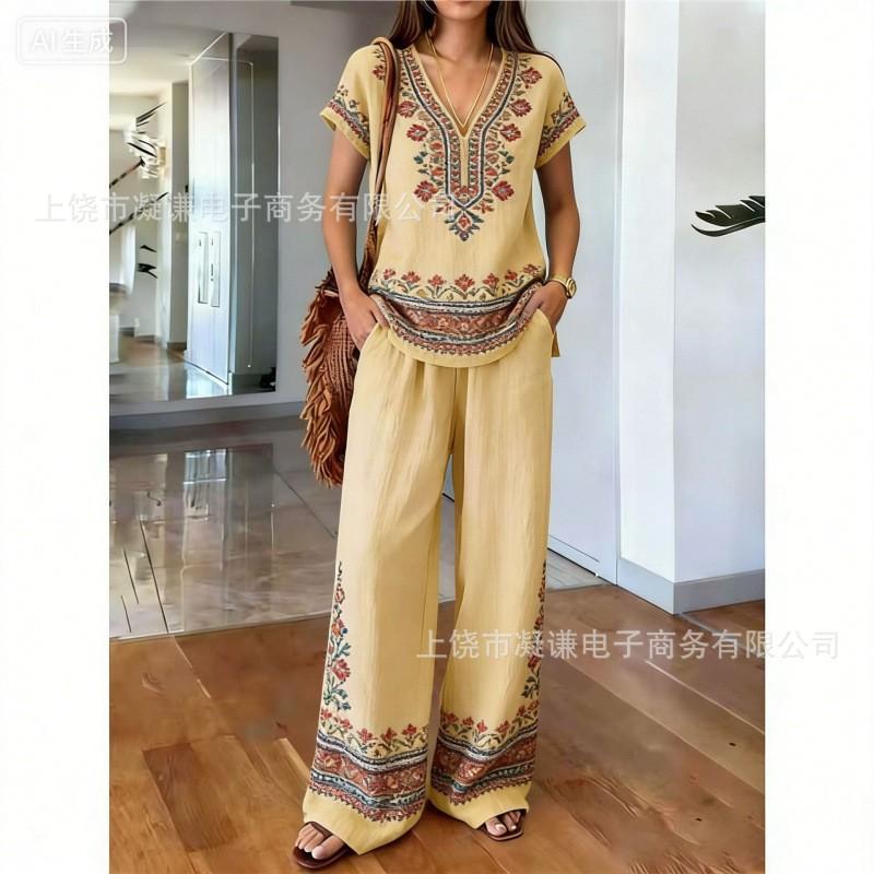 Y116 Summer Loose Top Wide-leg Pants Two-piece Women's Clothing European and American Fashion Suit