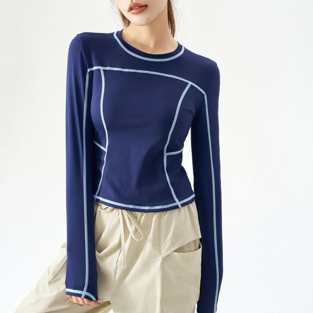 Spring Autumn New Round Neck Long Sleeve Fashion Women High Street Casual Contrast Color Pullovers Quick Drying Tops