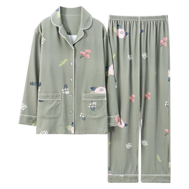 In the Elderly Pure Cotton Pajamas Women's Spring and Autumn Long-sleeved Middle-aged Mother Large Size Cardigan Set Old Lady Loungewear