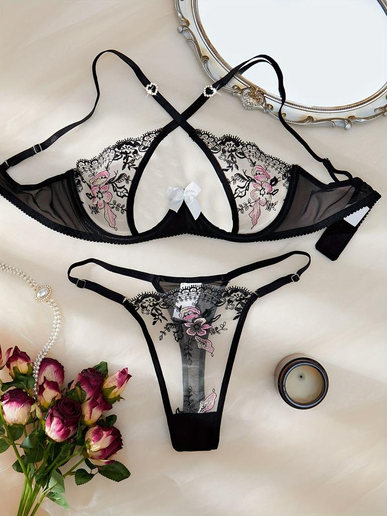 Lace-Cutout Transparent Sexy Lingerie Set with Embroidered Mesh Panties