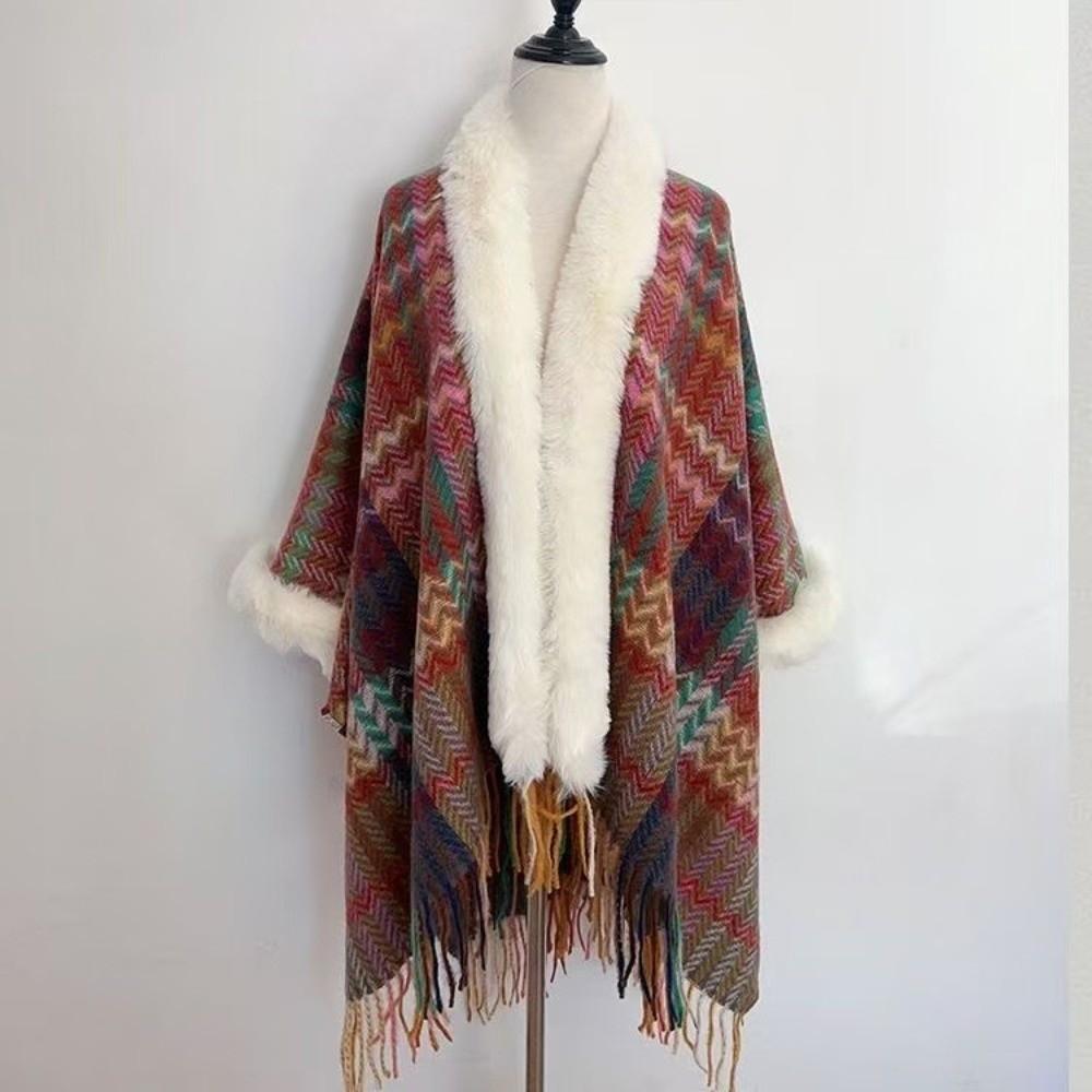Winter Warm Faux Fur Collar Shawl Ethnic Style Striped Cardigan Tassel Shawl Artificial Wool Plush Knitting Wraps