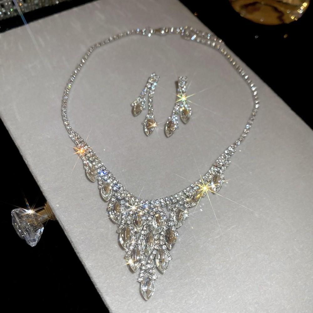 2 pieces Water Drop Rhinestone Jewelry Set Shining Exquisite Necklace Earrings Set Inlaid Luxury Crystal Necklace Set Banquet